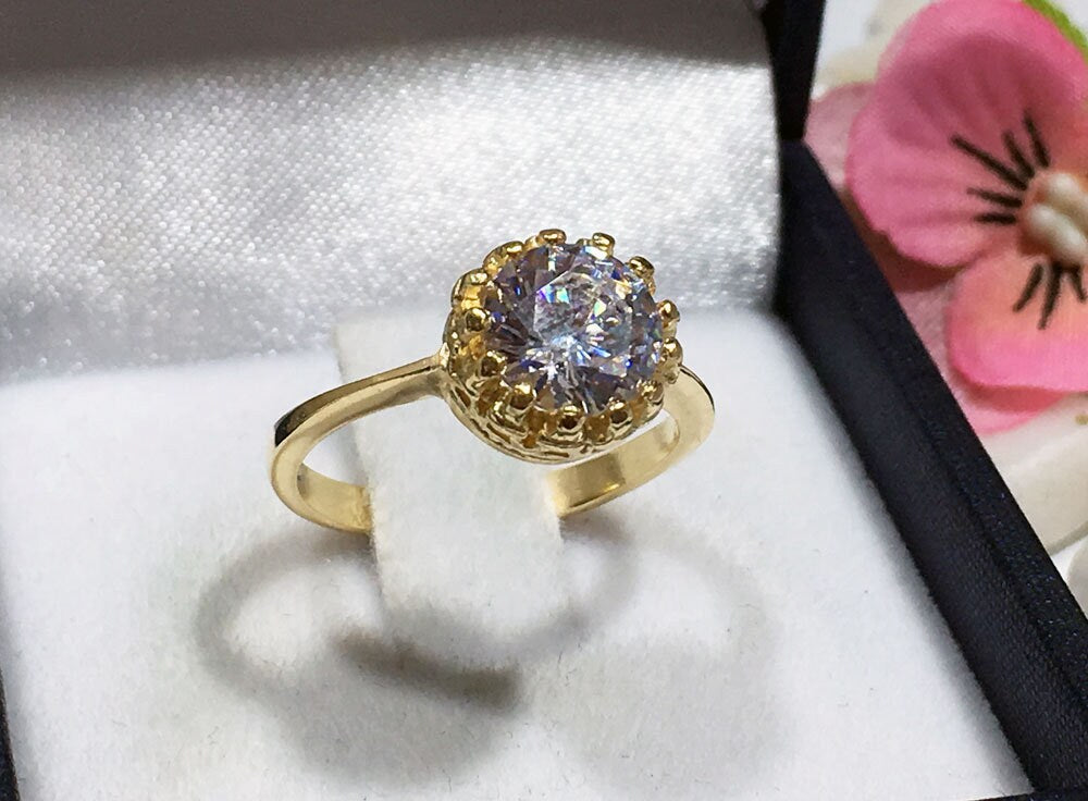 April Birthstone Clear Quartz Gemstone Round Crown Ring - H.L.Jewelry