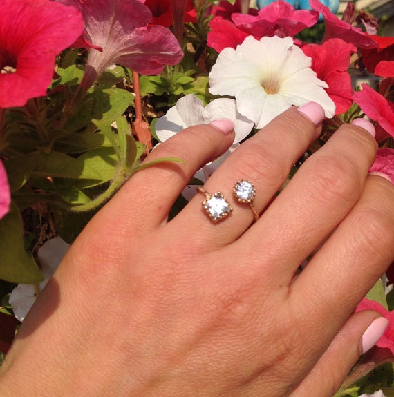 April Birthstone Clear Quartz Two Stone Hammered Band Adjustable Ring - H.L.Jewelry