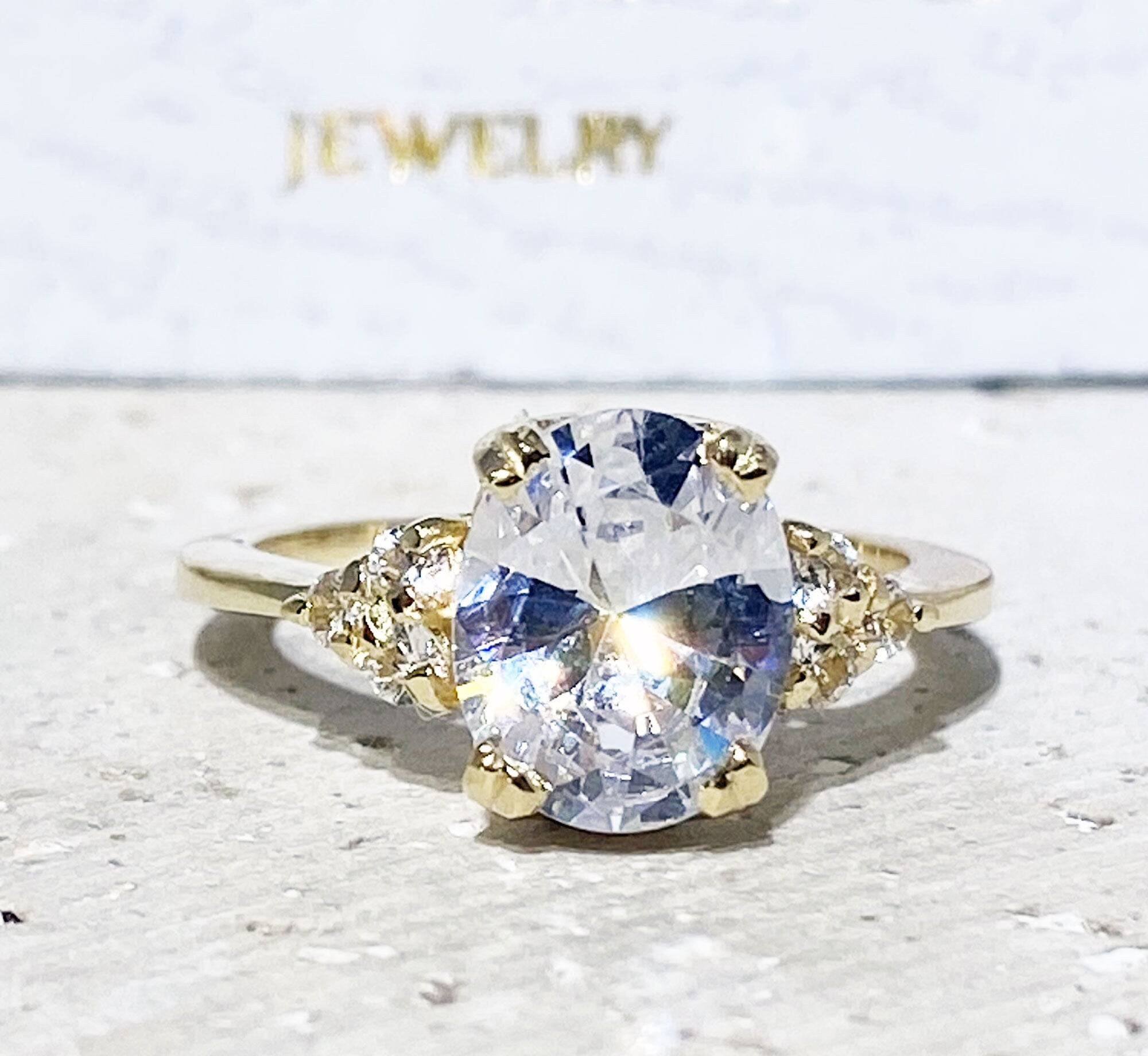 April Birthstone Oval Clear Quartz Gemstone Engagement Ring - H.L.Jewelry