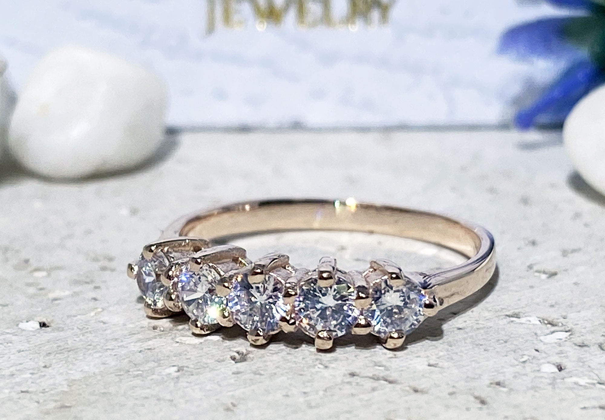 April Birthstone Round Clear Quartz Five Stone Stacking Ring - H.L.Jewelry