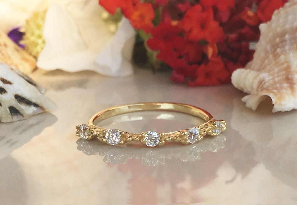 April Birthstone Round Clear Quartz Five Stone Stacking Ring - H.L.Jewelry