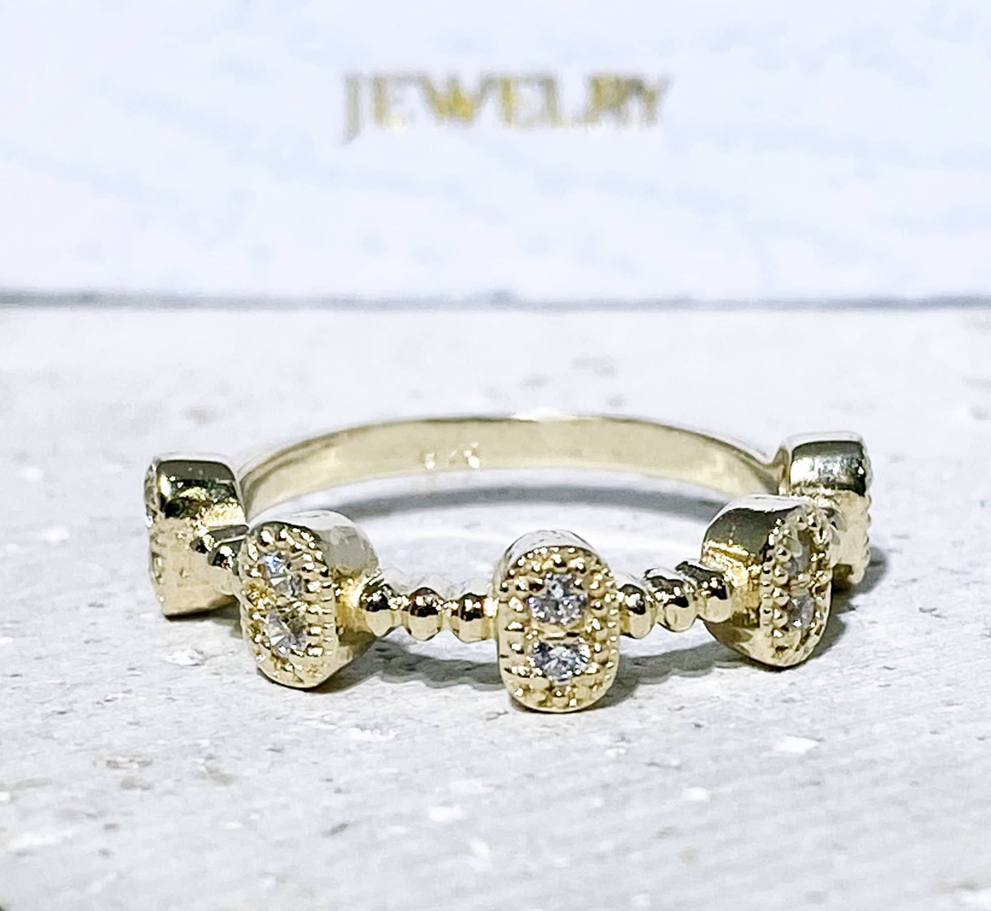 April Birthstone Round Clear Quartz Ten Stone Modern Bezel Ring - H.L.Jewelry