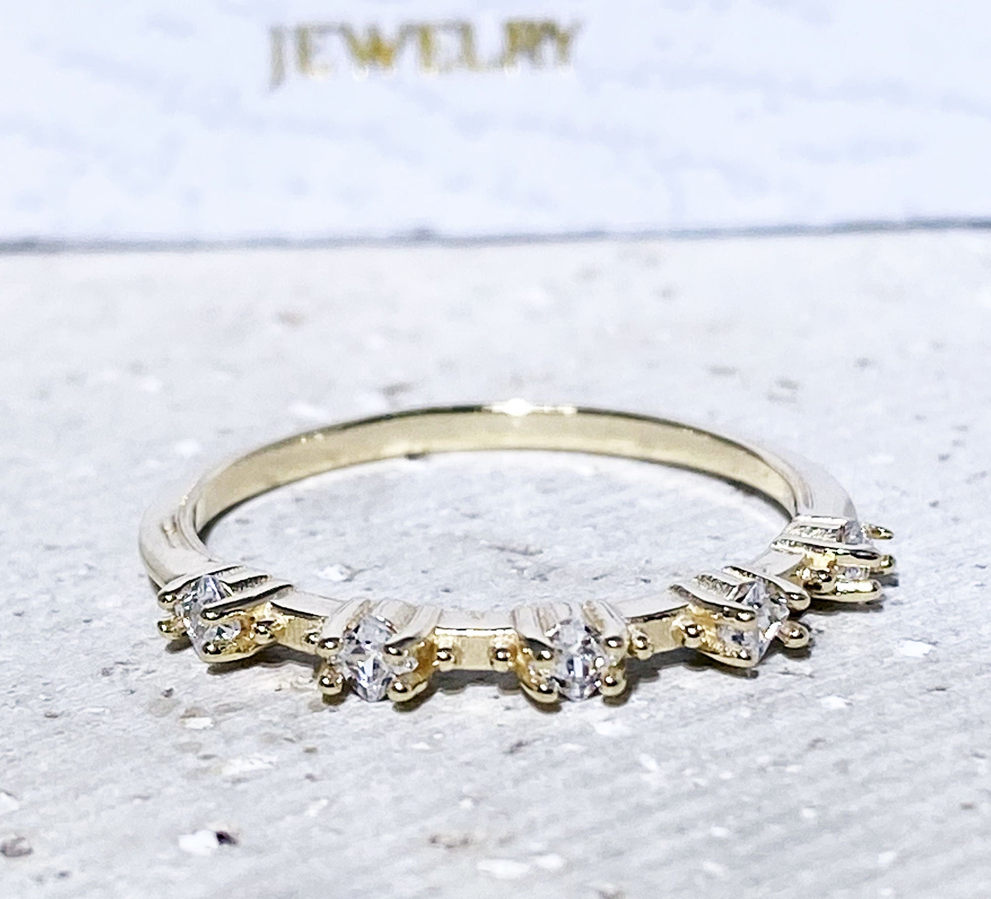 April Birthstone Square Clear Quartz Five Stone Simple Stacking Ring - H.L.Jewelry