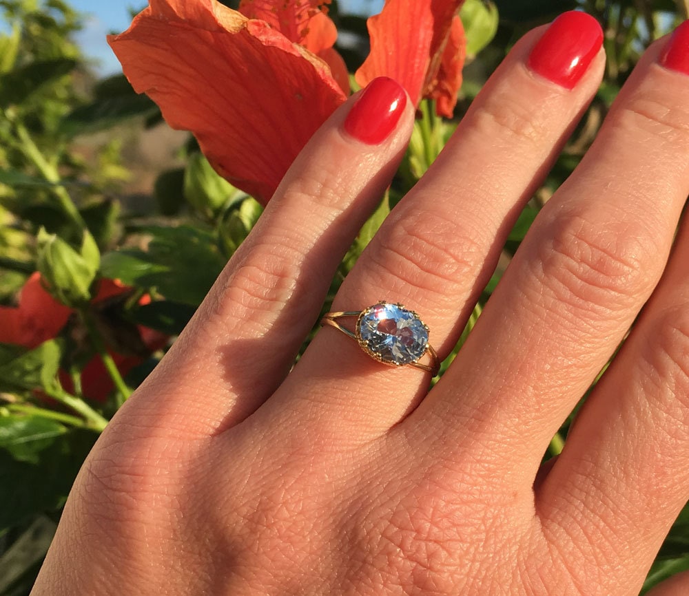 Aquamarine Double Band Vintage Oval Crown Ring - H.L.Jewelry