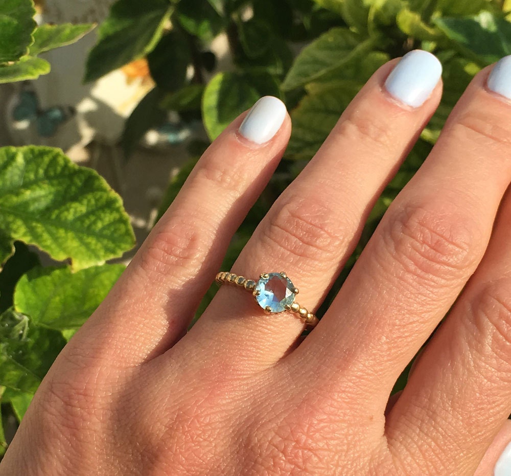 Aquamarine Vintage Round Crown Beaded Band Ring - H.L.Jewelry