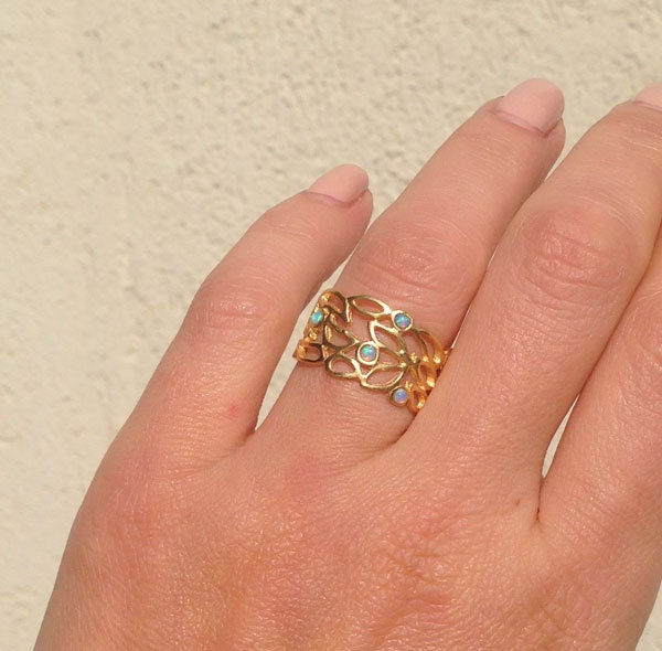 Blue Opal Four Stone Wide Lace Band Ring - H.L.Jewelry