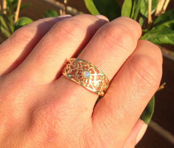 Blue Opal Gemstone Lace Wide Band Ring - H.L.Jewelry