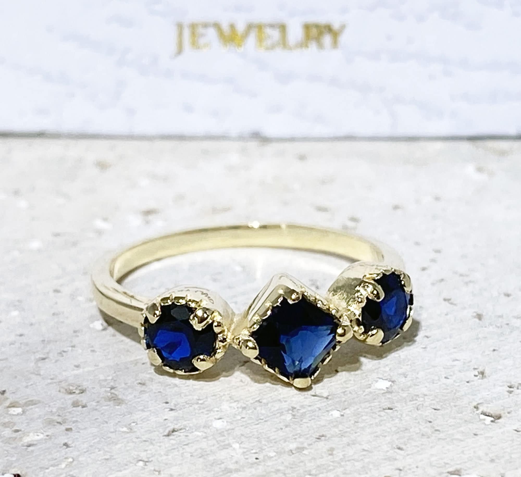Blue Sapphire Three Stone Modern Ring - H.L.Jewelry