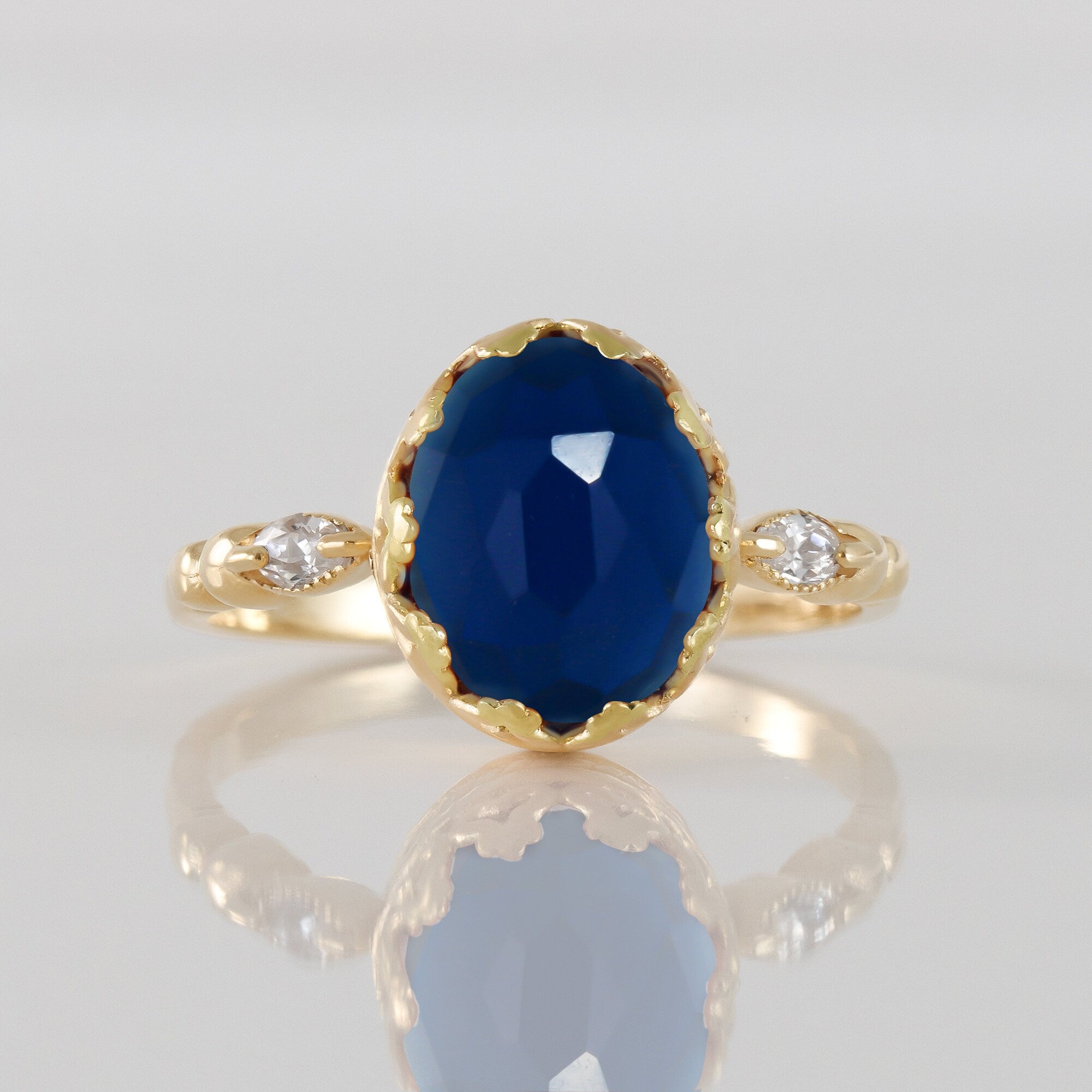 Blue Sapphire Vintage Oval Crown Ring with Clear Quartz Accents - H.L.Jewelry