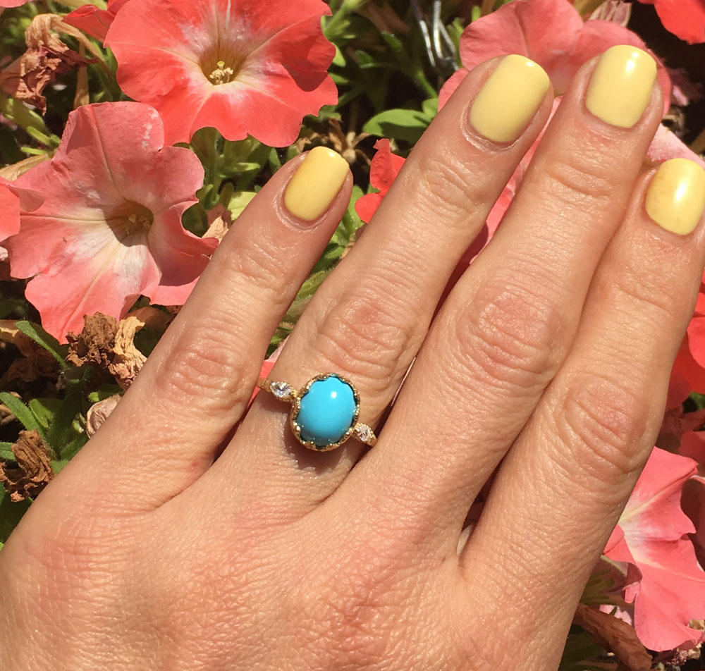 Blue Turquoise Vintage Oval Crown Ring with Clear Quartz Accents - H.L.Jewelry