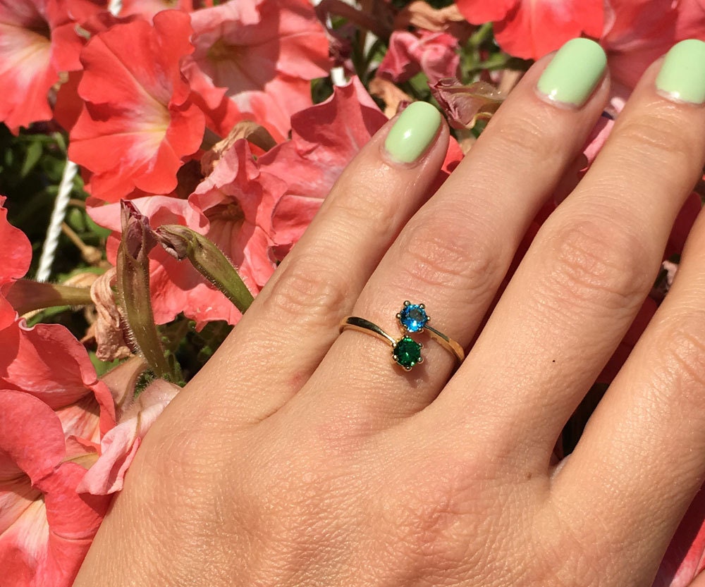 Dual Gemstone Any Birthstone Simple Adjustable Ring - H.L.Jewelry