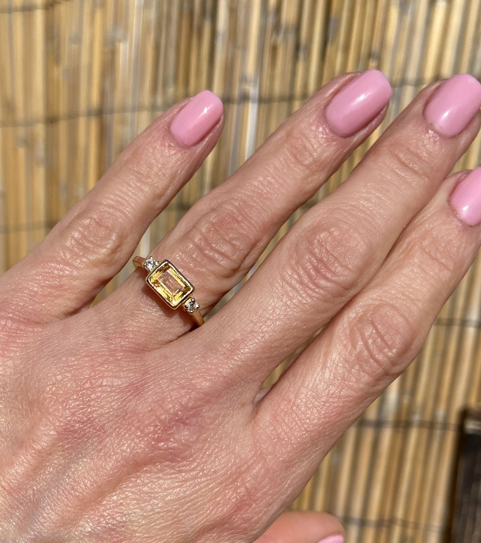 East-West Emerald-Cut Citrine Ring with Clear Quartz Accents - H.L.Jewelry