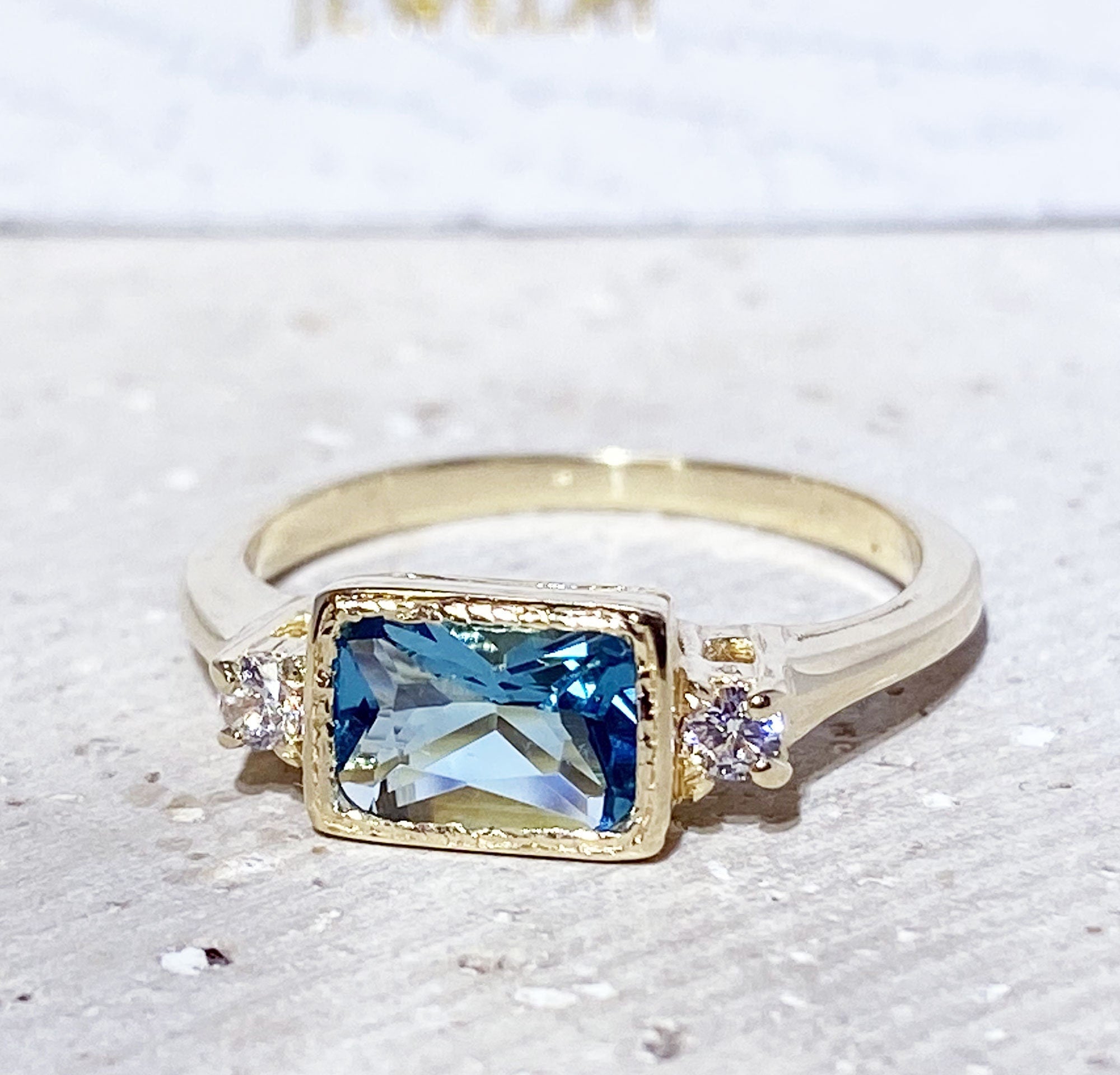 East-West Octagon Blue Topaz Simple Ring with Clear Quartz Accents - H.L.Jewelry