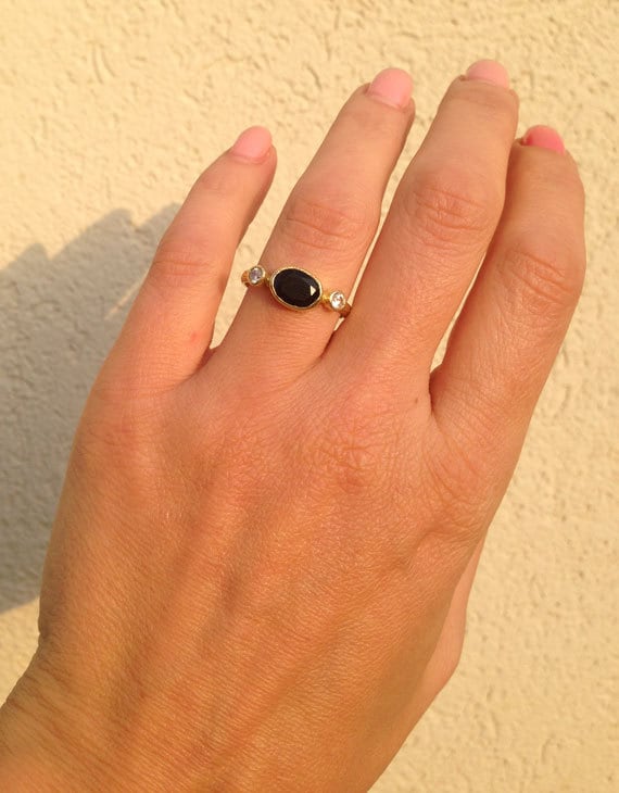 East-West Oval Black Onyx Bezel Ring with Clear Quartz Accents - H.L.Jewelry