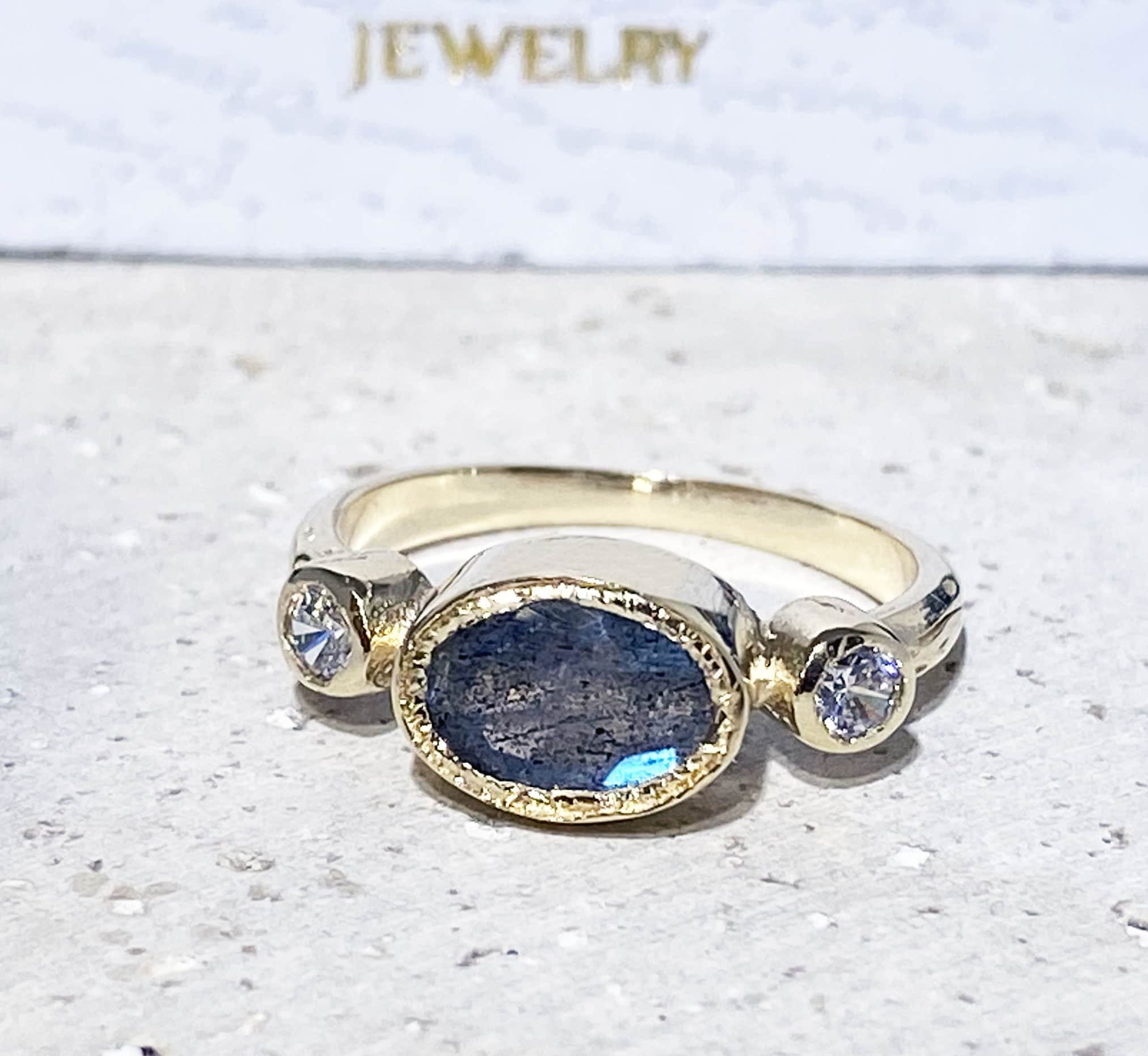 East-West Oval Labradorite Bezel Ring with Clear Quartz Accents - H.L.Jewelry