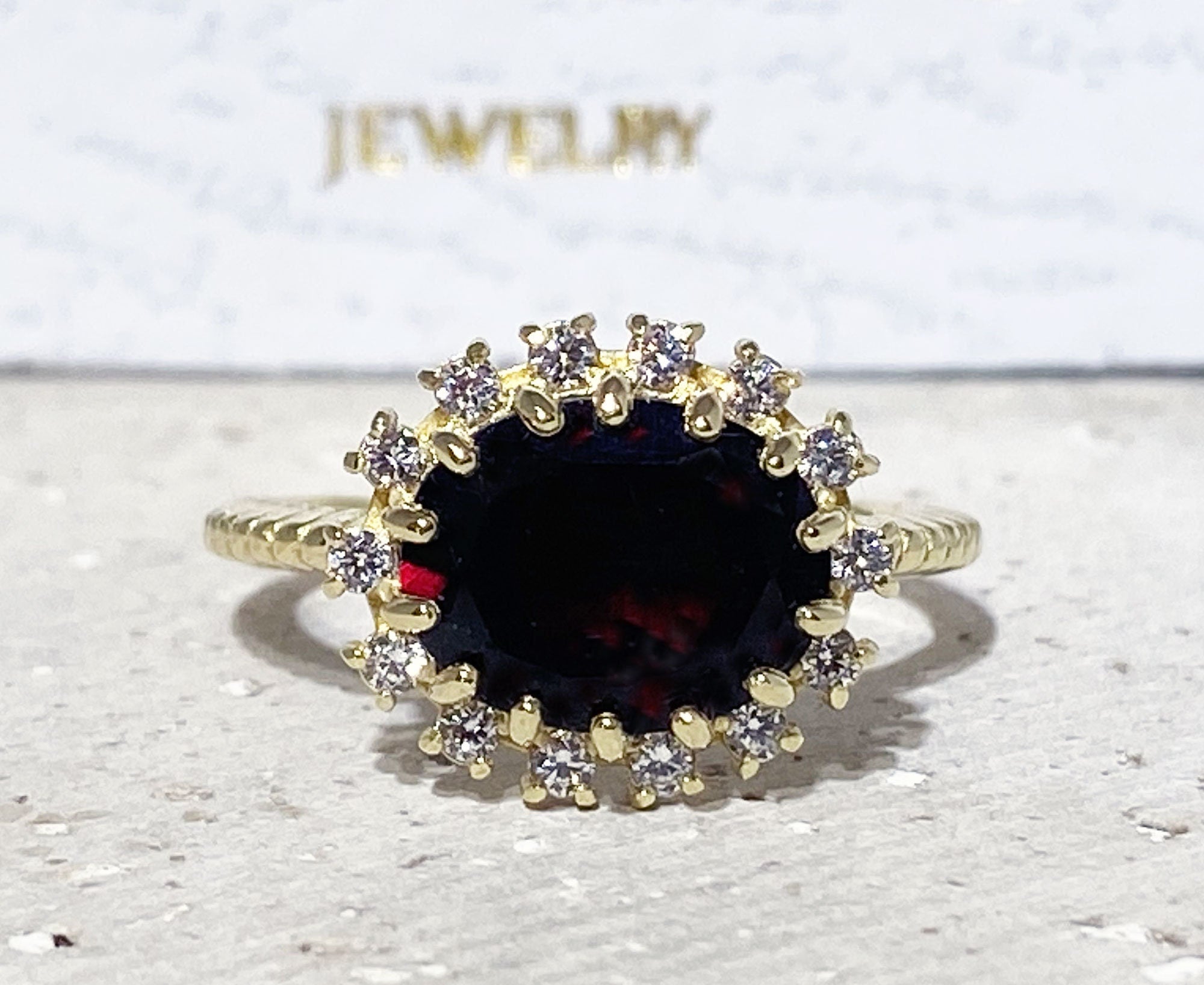 East-West Oval Red Garnet Ring with Clear Quartz Halo - H.L.Jewelry