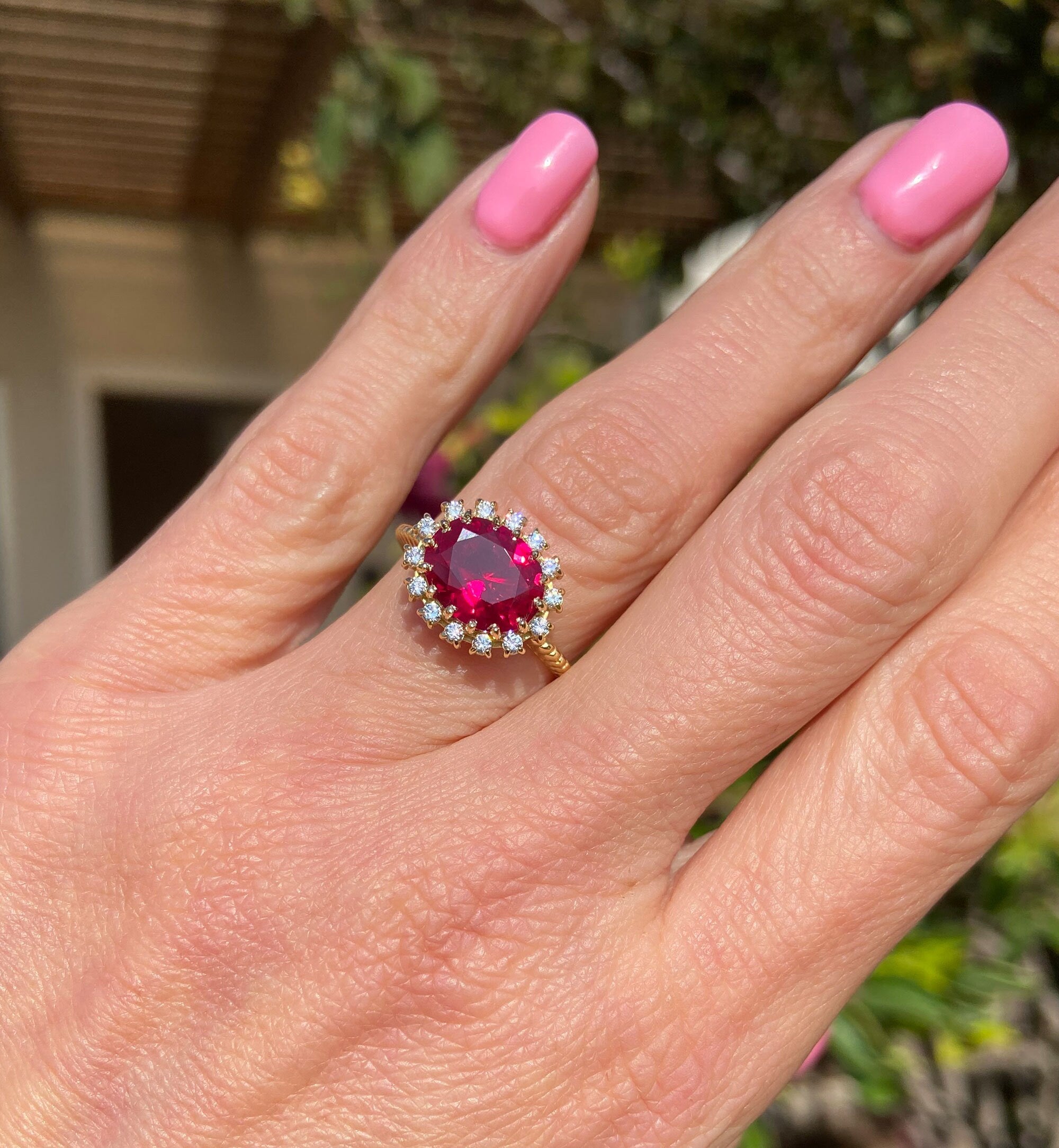 East-West Oval Ruby Ring with Clear Quartz Halo - H.L.Jewelry
