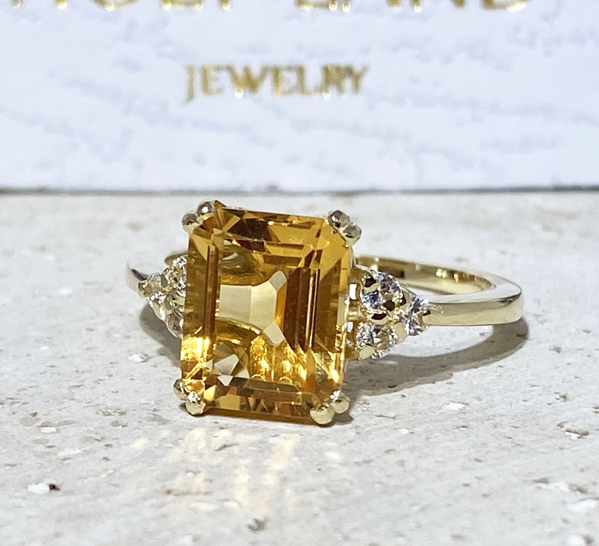 Emerald-Cut Citrine Engagement Ring with Clear Quartz Accents - H.L.Jewelry