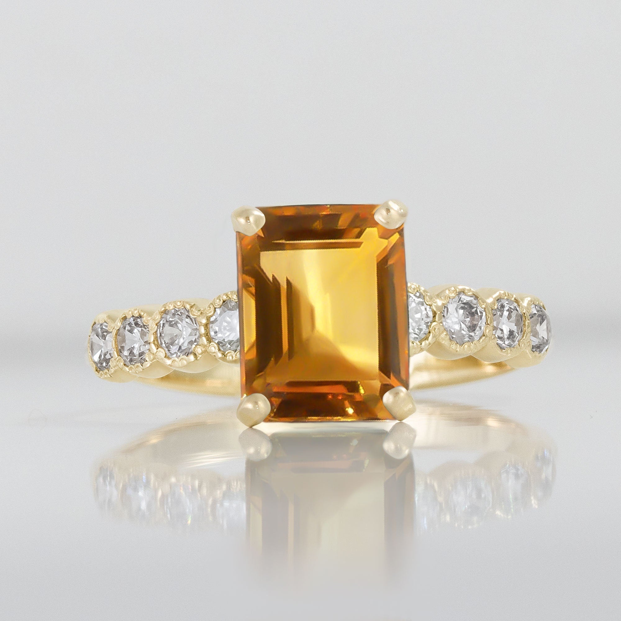 Emerald-Cut Citrine Engagement Ring with Clear Quartz Accents - H.L.Jewelry