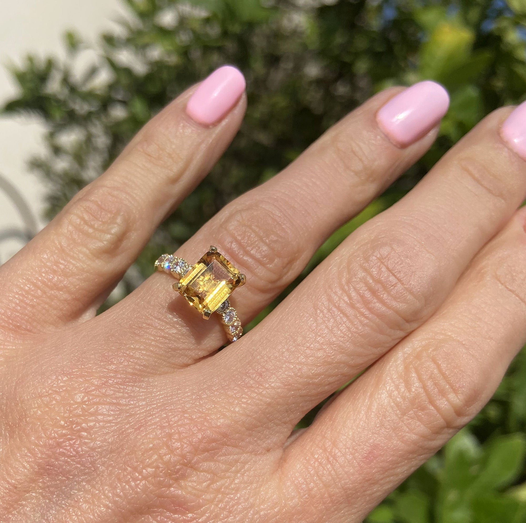 Emerald-Cut Citrine Engagement Ring with Clear Quartz Accents - H.L.Jewelry