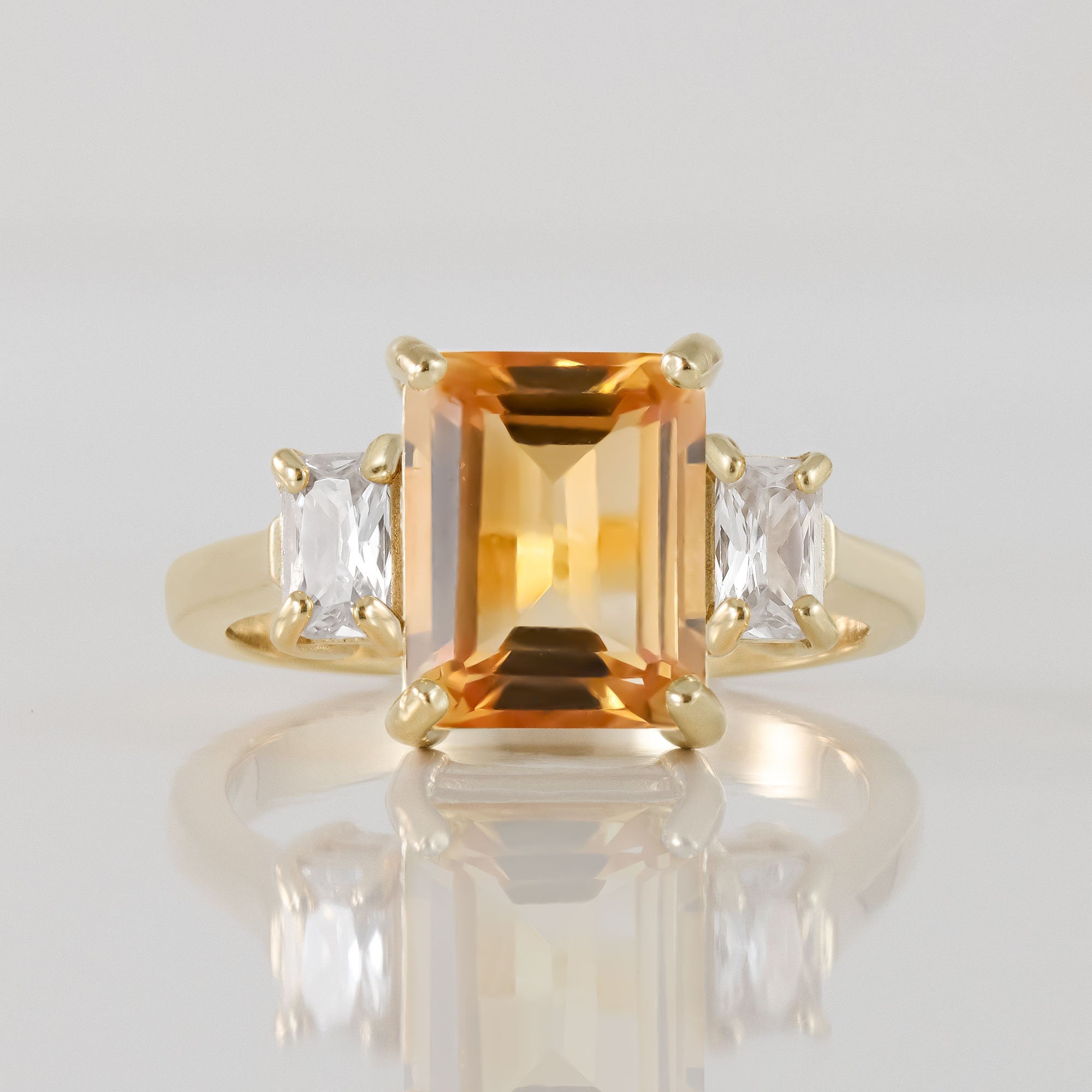 Emerald-Cut Citrine Statement Ring with Clear Quartz Accents - H.L.Jewelry