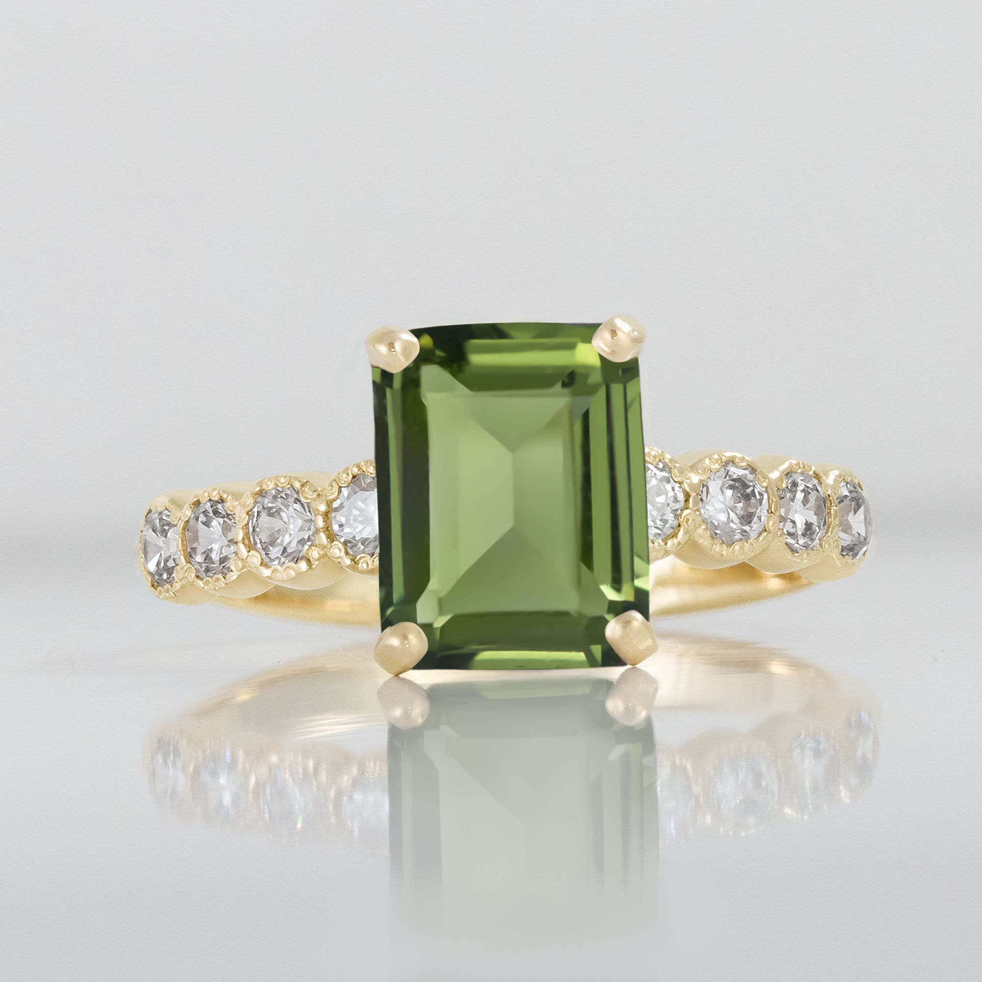 Emerald Cut Green Tourmaline Engagement Ring with Clear Quartz Accents - H.L.Jewelry