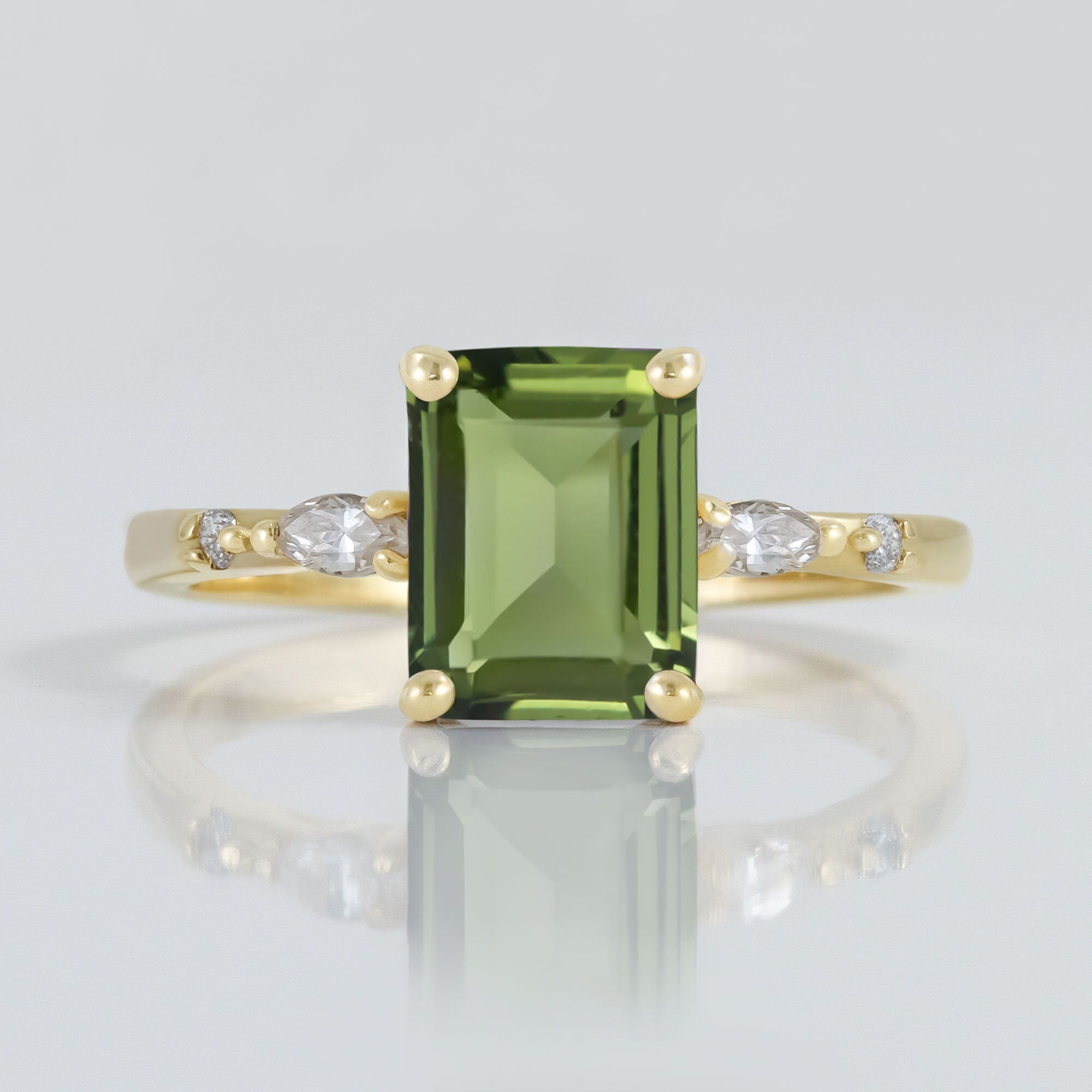 Emerald-Cut Green Tourmaline Ring with Clear Quartz Accents - H.L.Jewelry