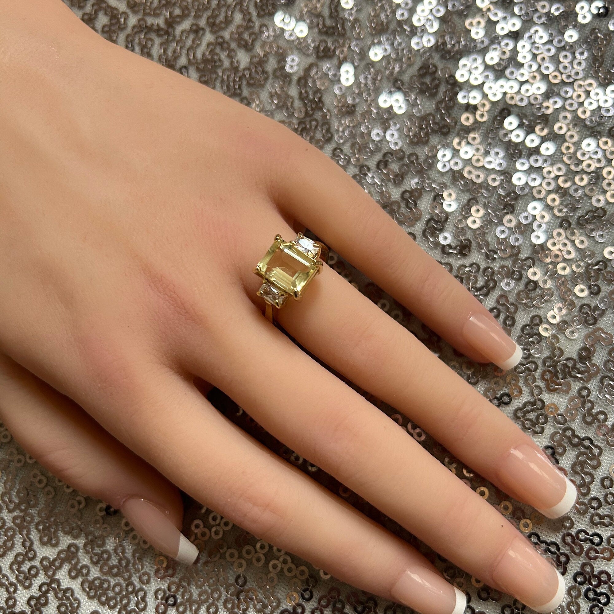 Emerald-Cut Lemon Quartz Ring with Clear Quartz Accents - H.L.Jewelry