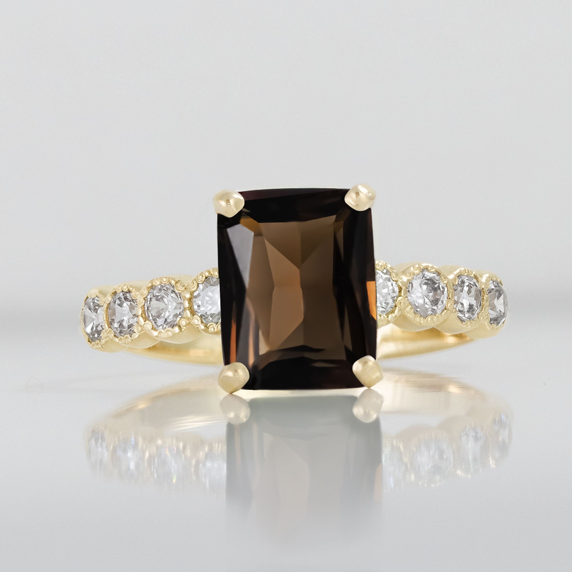Emerald-Cut Smoky Quartz Engagement Ring with Clear Quartz Accents - H.L.Jewelry