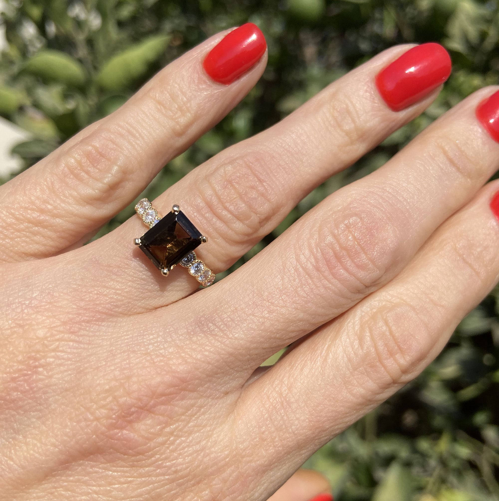 Emerald-Cut Smoky Quartz Engagement Ring with Clear Quartz Accents - H.L.Jewelry