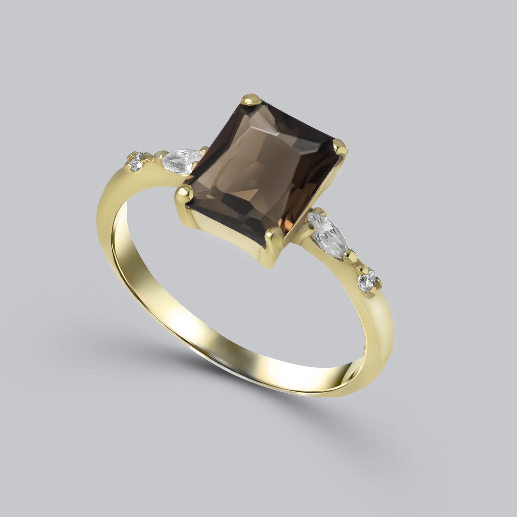 Emerald-Cut Smoky Quartz Ring with Clear Quartz Accents - H.L.Jewelry