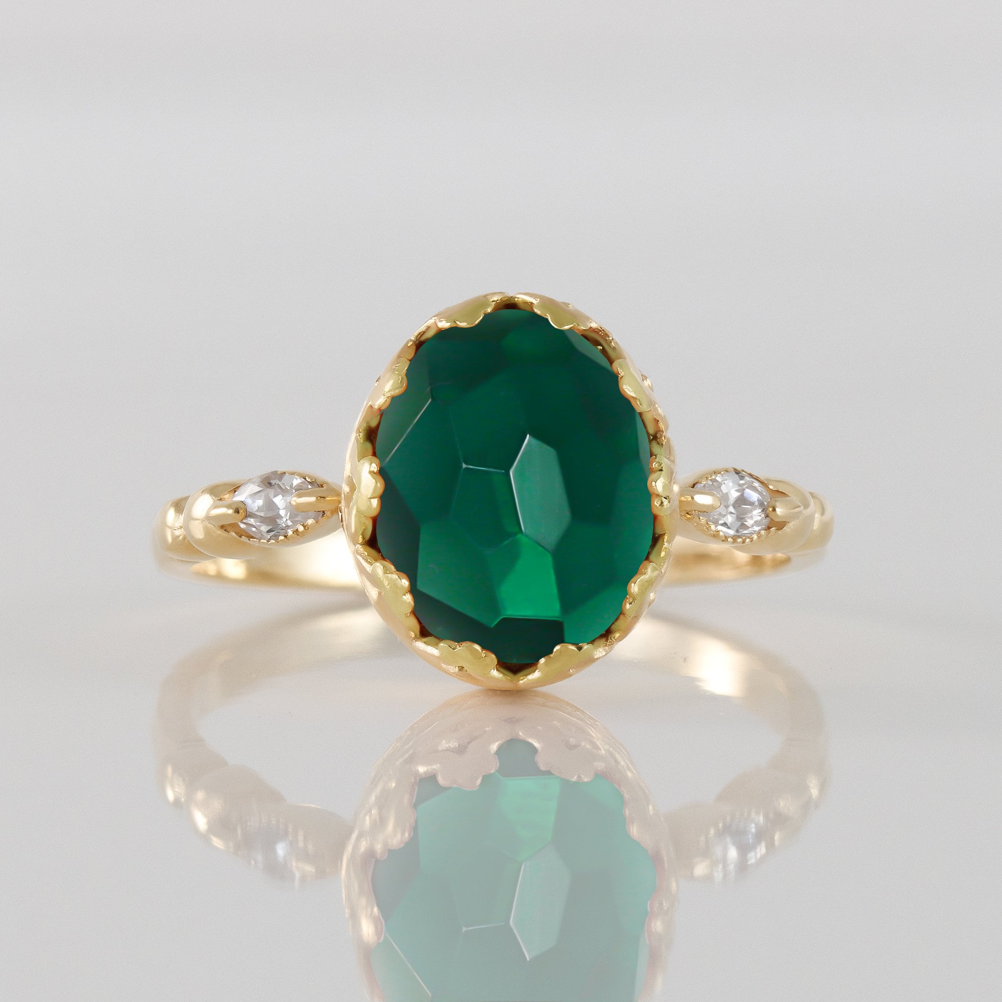 Green Tourmaline Vintage Oval Crown Ring with Clear Quartz Accents - H.L.Jewelry