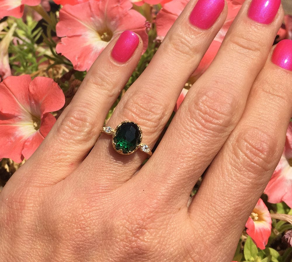 Green Tourmaline Vintage Oval Crown Ring with Clear Quartz Accents - H.L.Jewelry