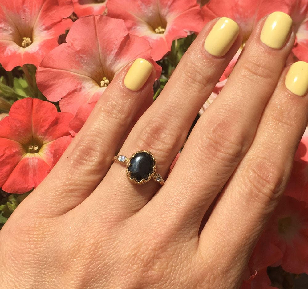 Hematite Vintage Oval Crown Ring with Clear Quartz Accents - H.L.Jewelry