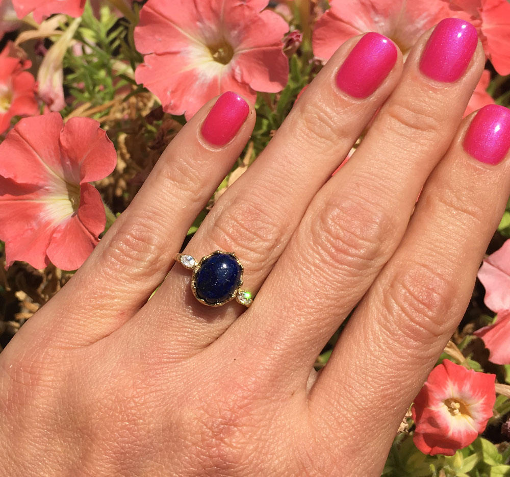 Lapis Lazuli Vintage Oval Crown Ring with Clear Quartz Accents - H.L.Jewelry