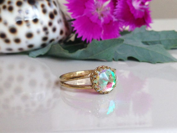 Mystic Topaz Double Band Round Crown Ring - H.L.Jewelry