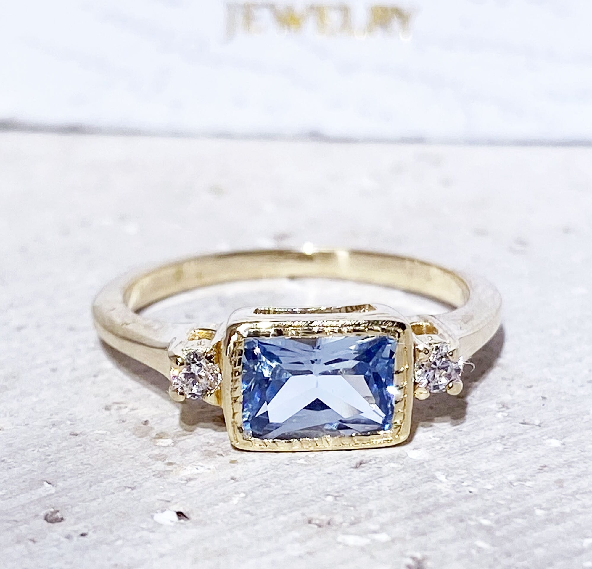 Octagon Aquamarine Simple Ring with Clear Quartz Accents - H.L.Jewelry