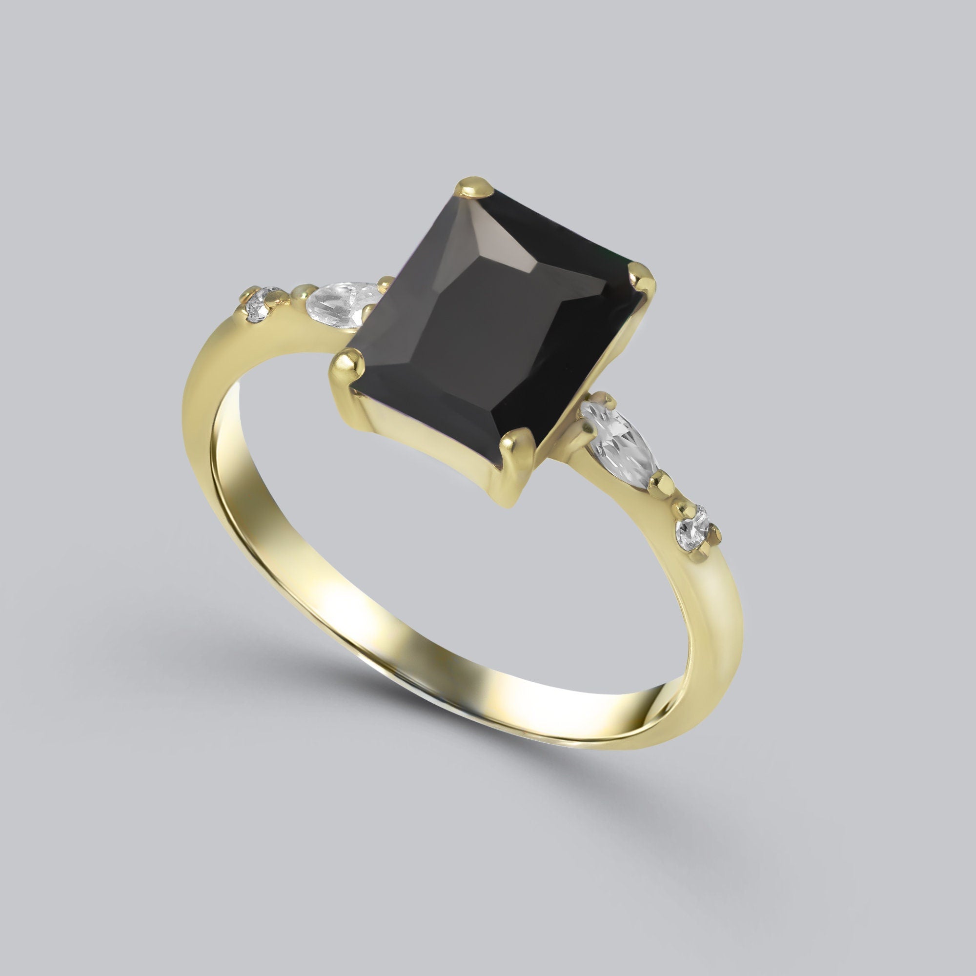 Octagon Black Onyx Ring with Clear Quartz Accents - H.L.Jewelry