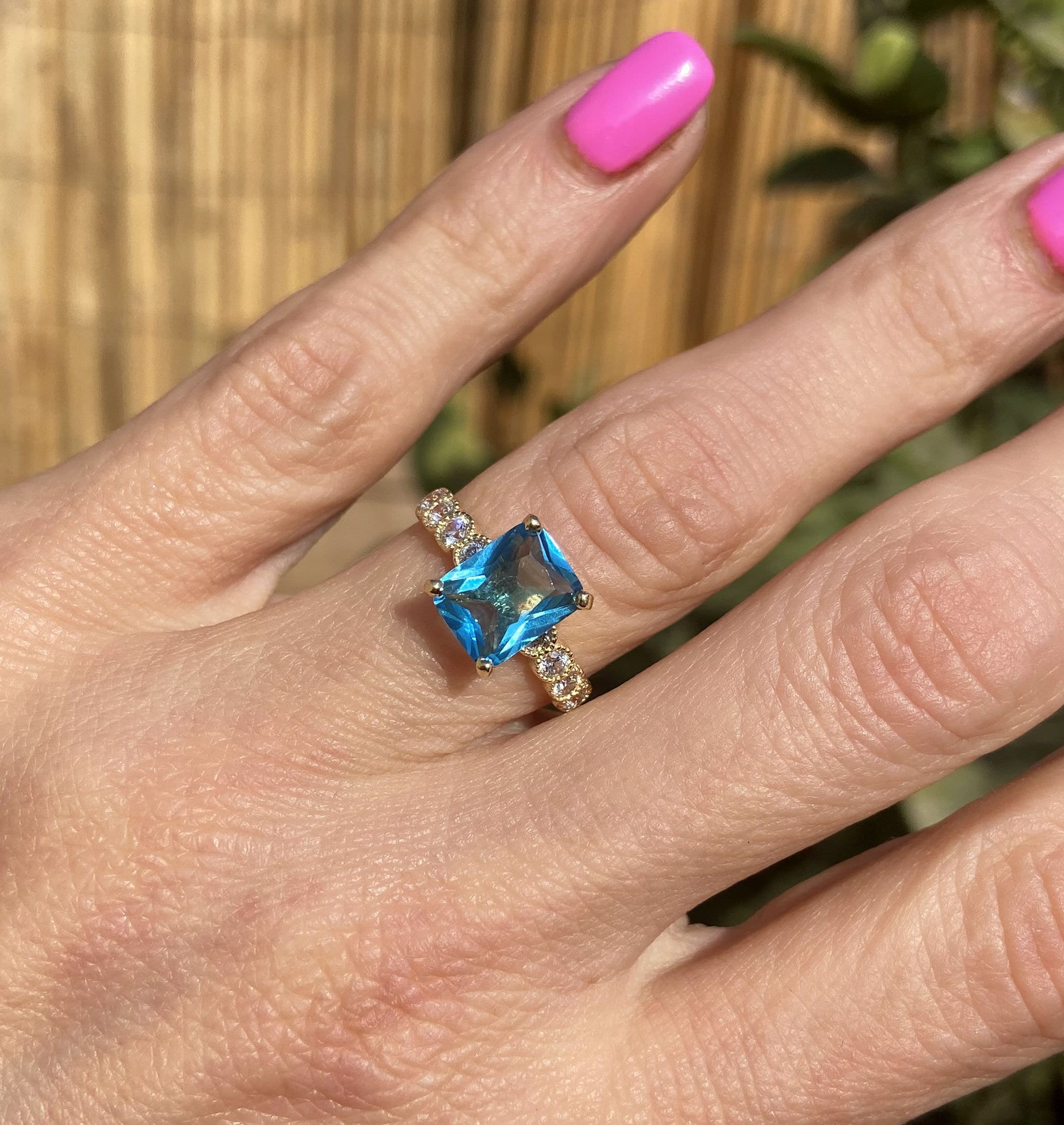 Octagon Blue Topaz Engagement Ring with Clear Quartz Accents - H.L.Jewelry