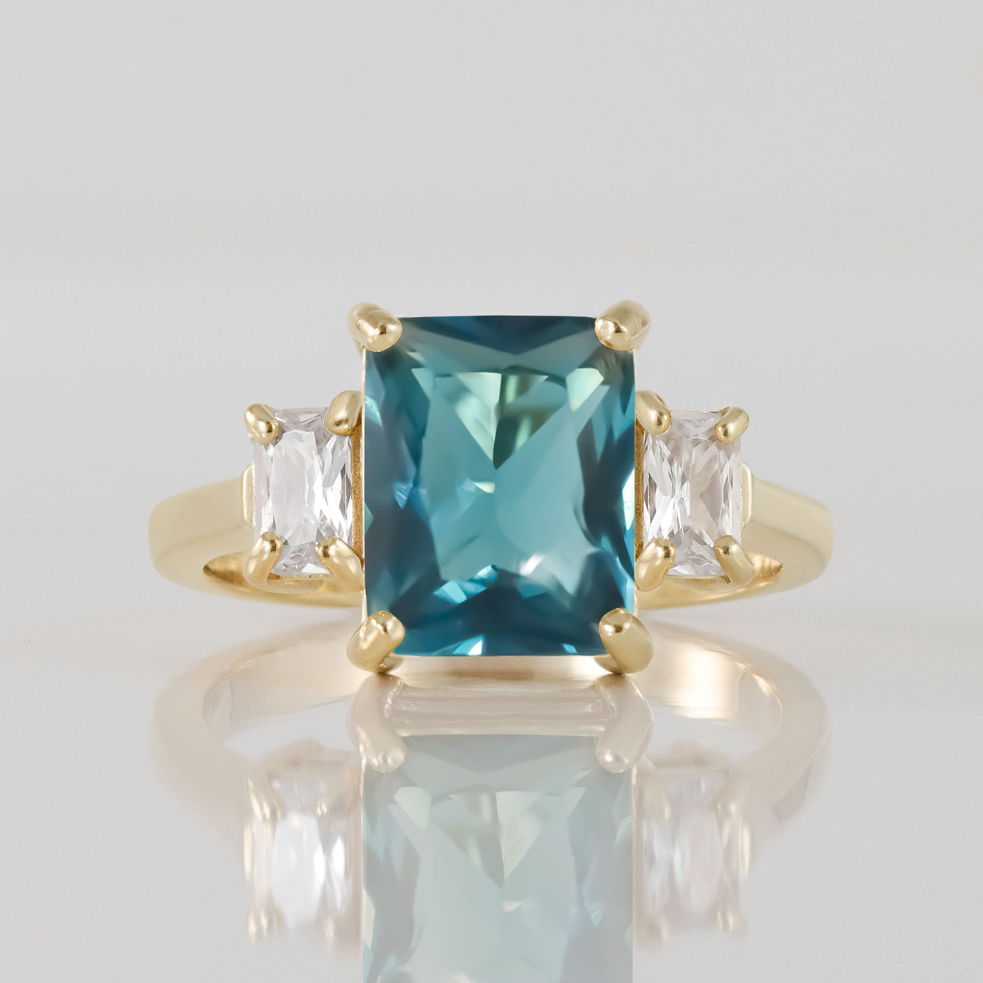 Octagon Blue Topaz Statement Ring with Clear Quartz Accents - H.L.Jewelry