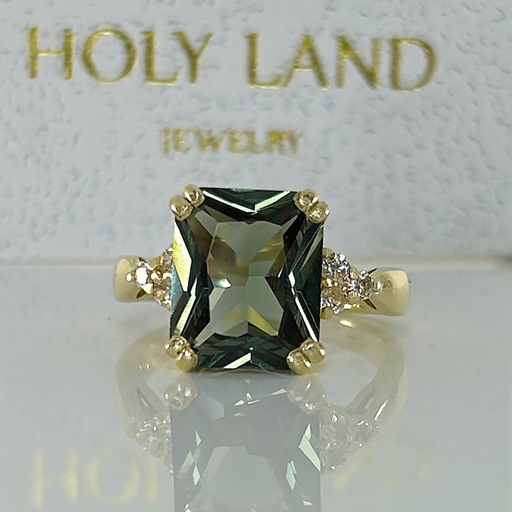 Octagon Green Tourmaline Statement Ring with Clear Quartz Accents - H.L.Jewelry