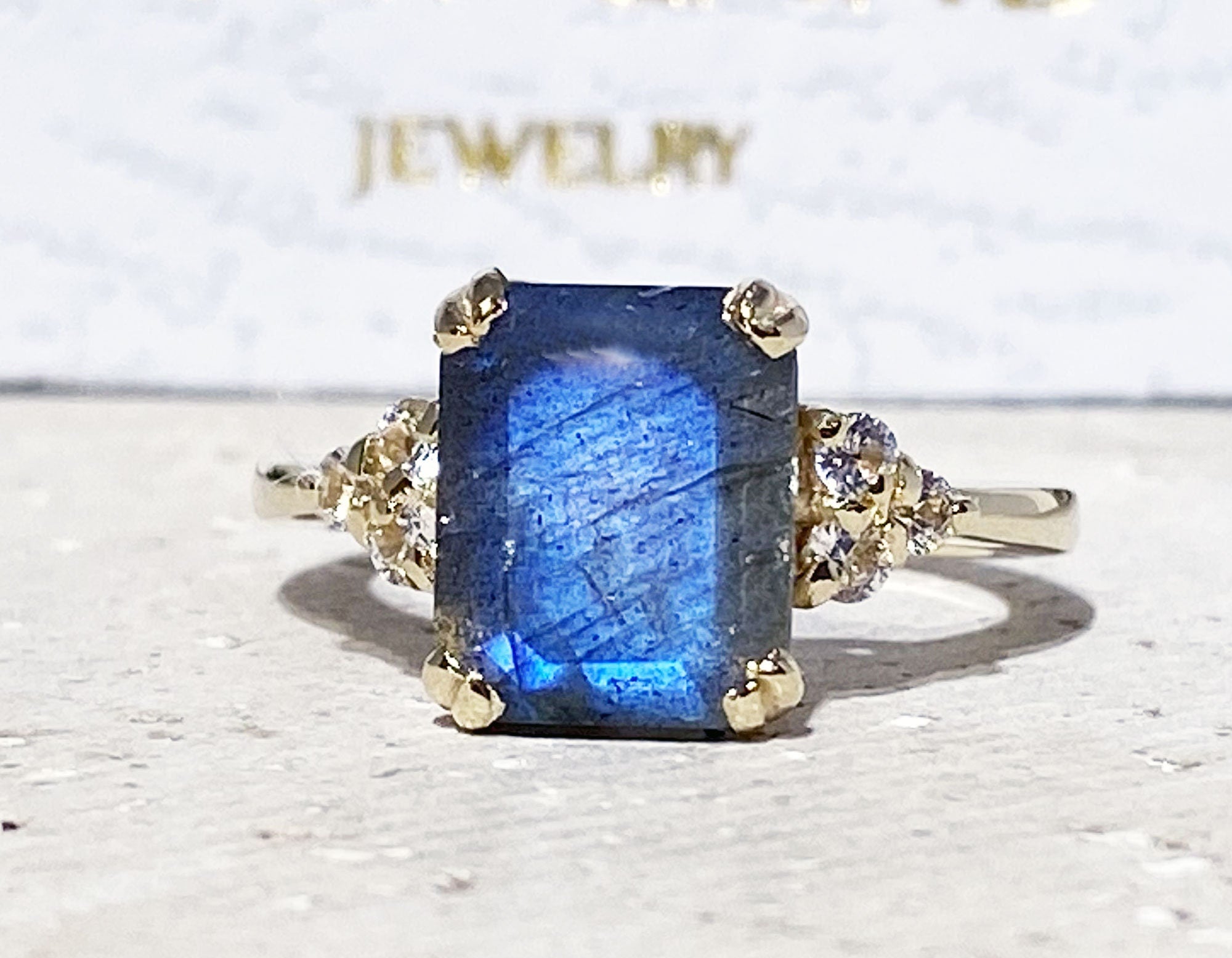 Octagon Labradorite Engagement Ring with Clear Quartz Accents - H.L.Jewelry