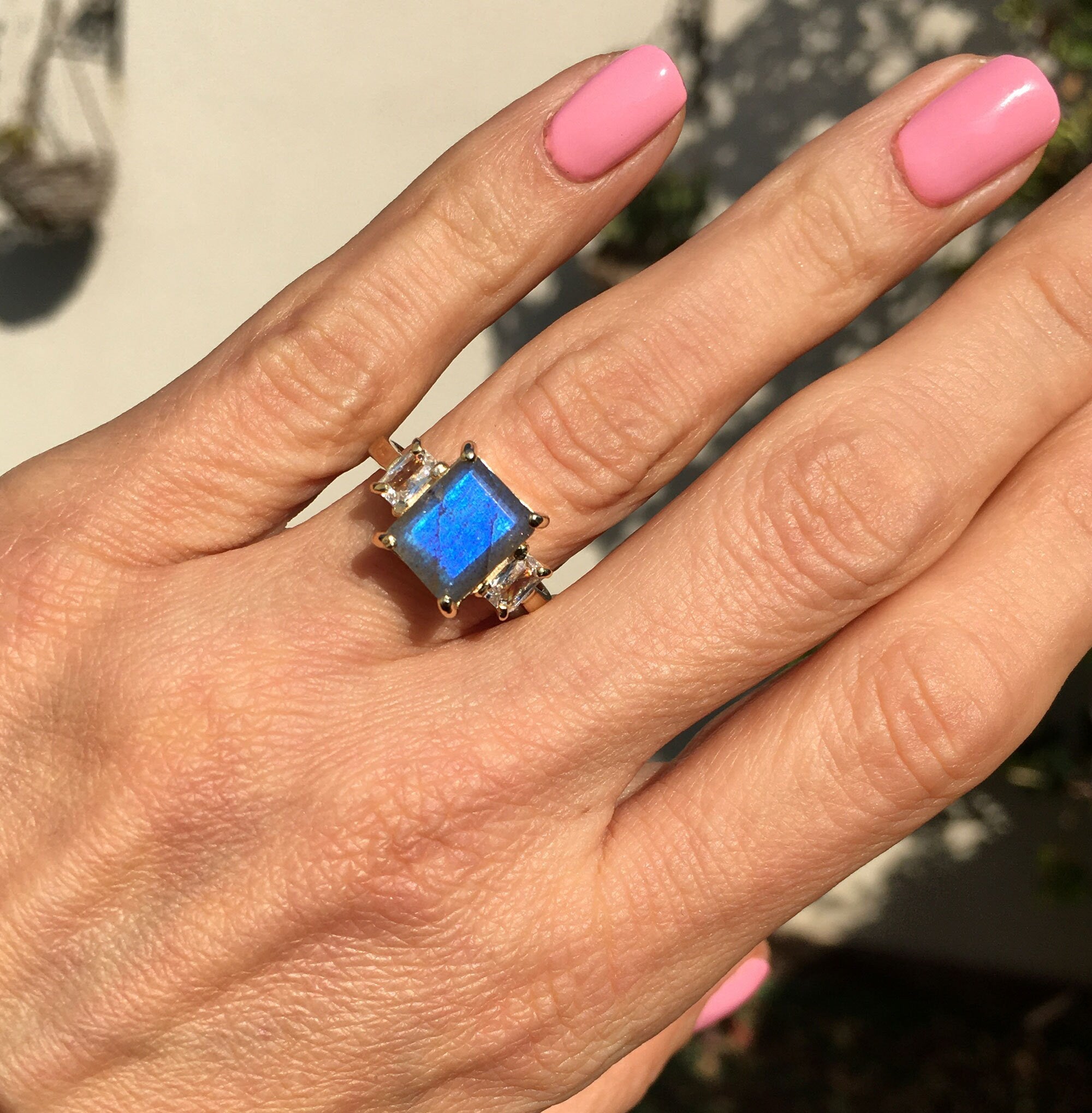 Octagon Labradorite Statement Ring with Clear Quartz Accents - H.L.Jewelry