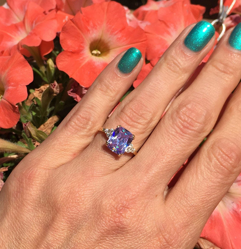 Octagon Lavender Amethyst Engagement Ring with Clear Quartz Accents - H.L.Jewelry