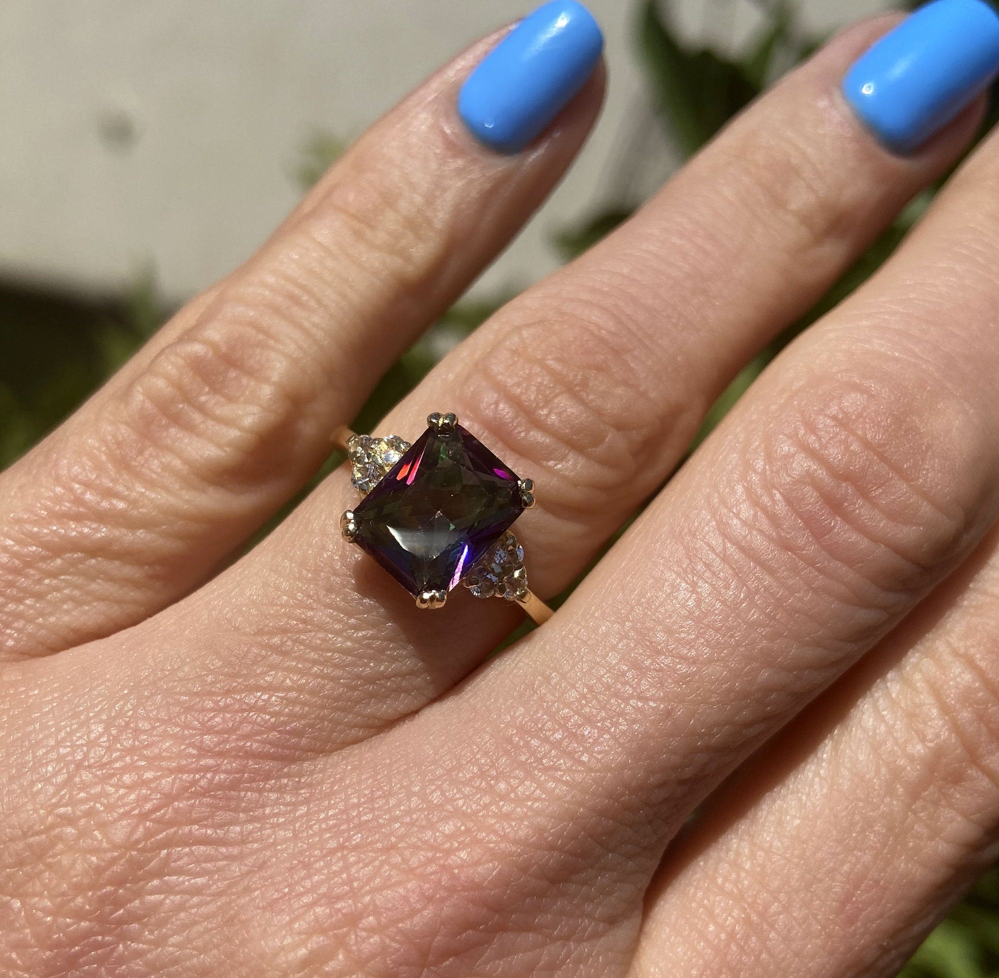 Octagon Mystic Topaz Engagement Ring with Clear Quartz Accents - H.L.Jewelry