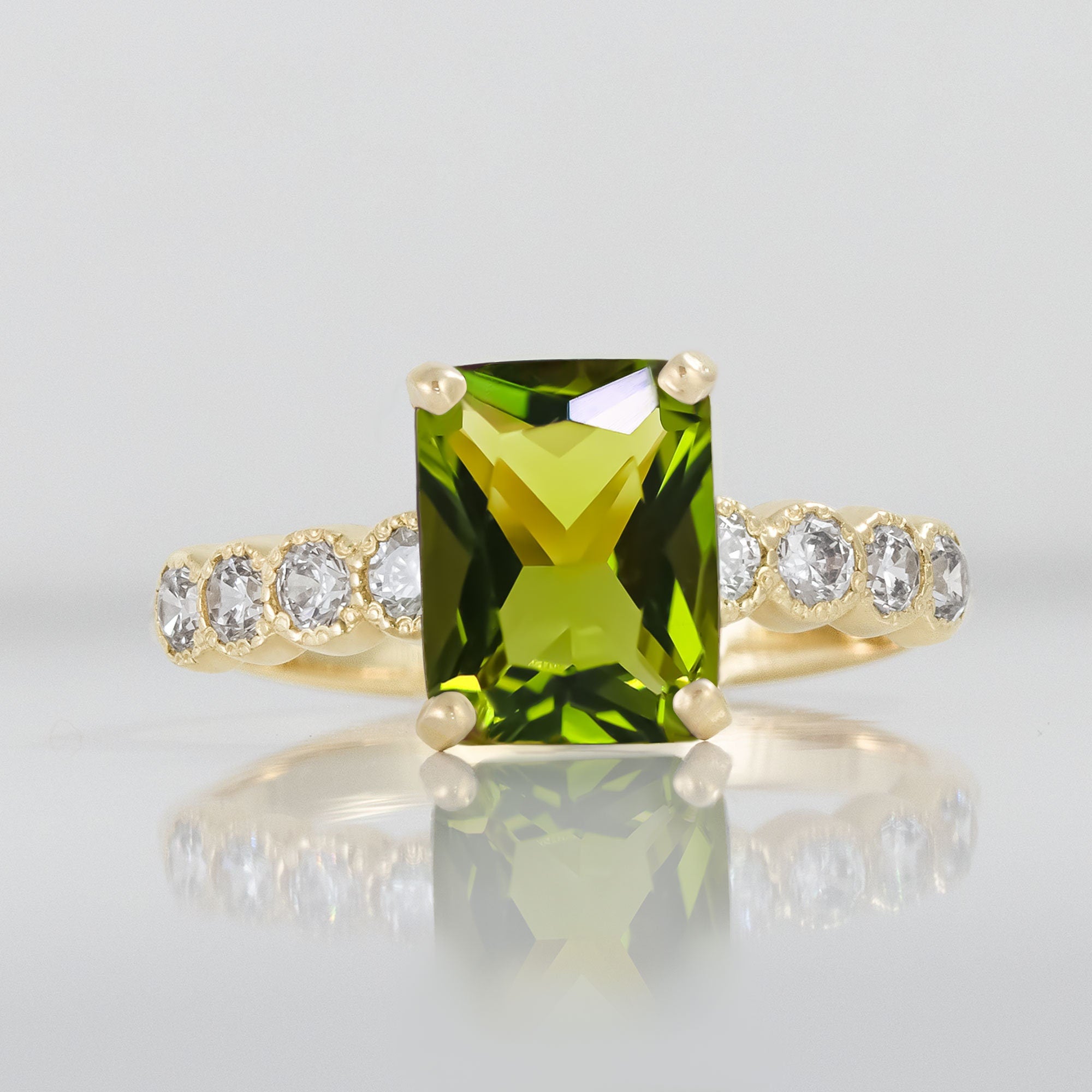 Octagon Peridot Engagement Ring with Clear Quartz Accents - H.L.Jewelry