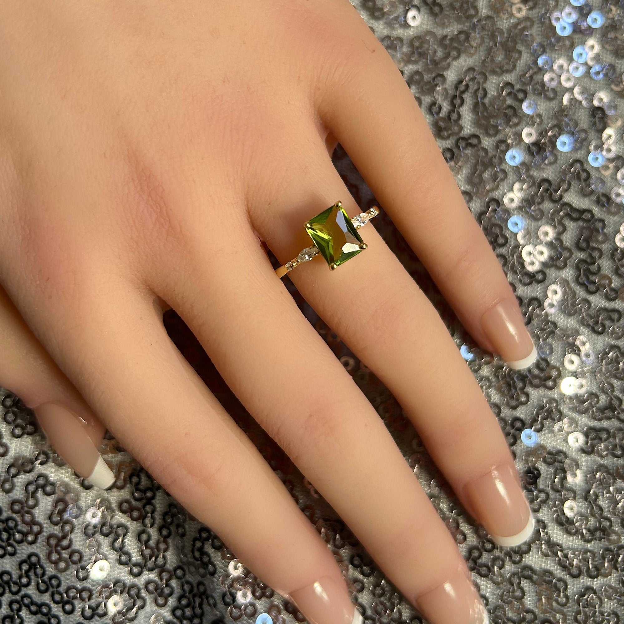 Octagon Peridot Ring with Clear Quartz Accents - H.L.Jewelry
