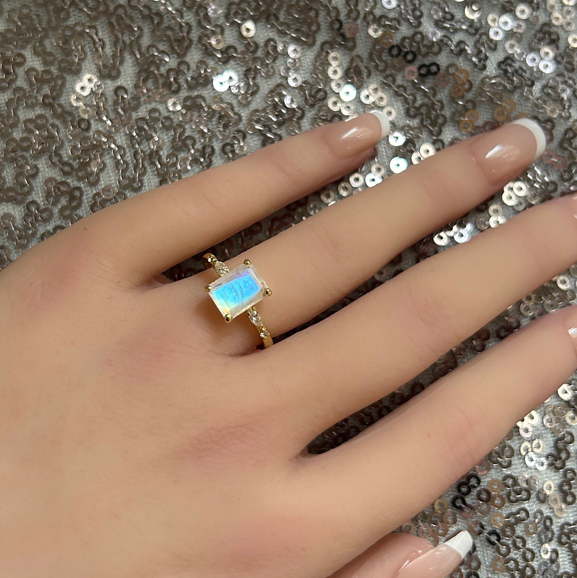 Octagon Rainbow Moonstone Ring with Clear Quartz Accents - H.L.Jewelry