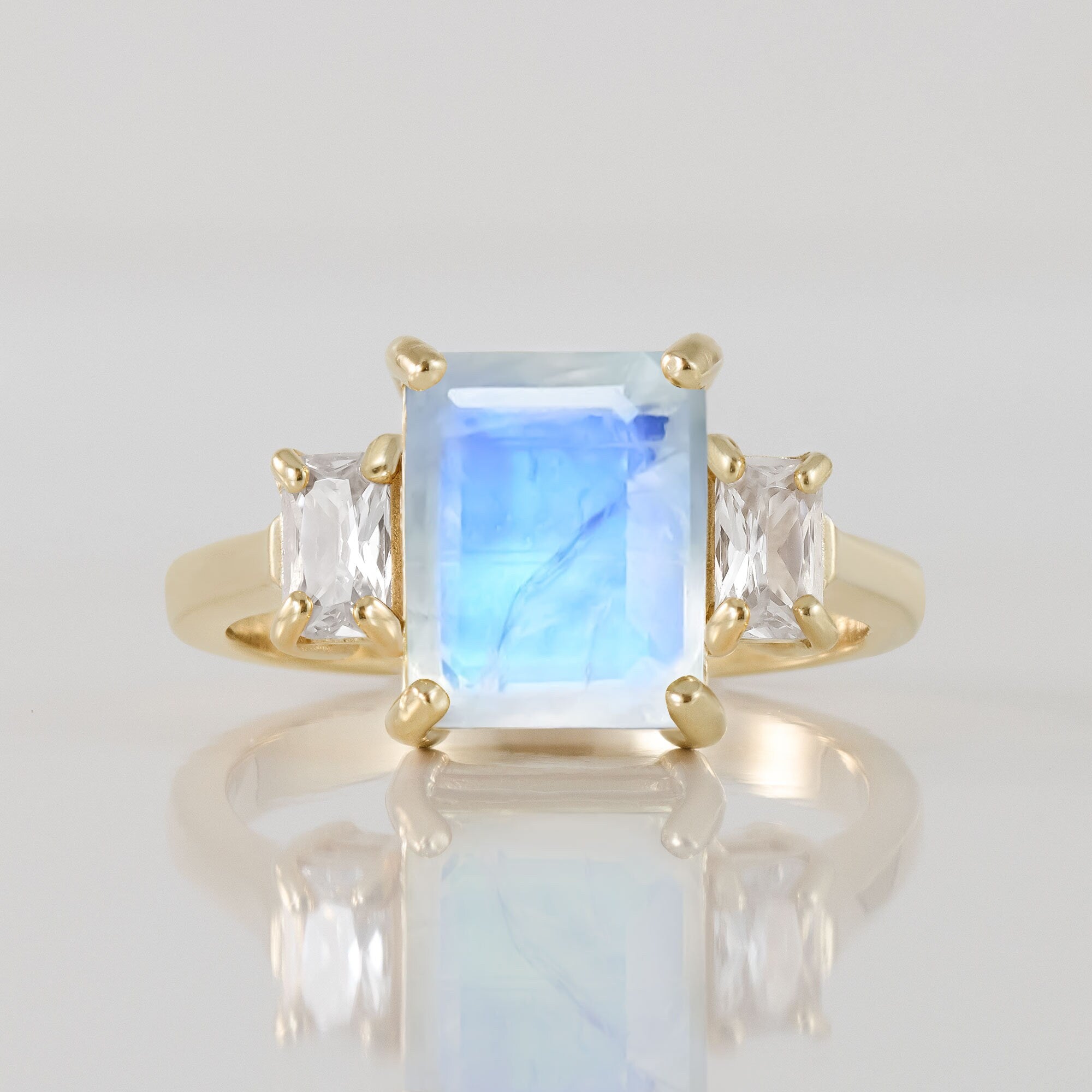 Octagon Rainbow Moonstone Statement Ring with Clear Quartz Accents - H.L.Jewelry