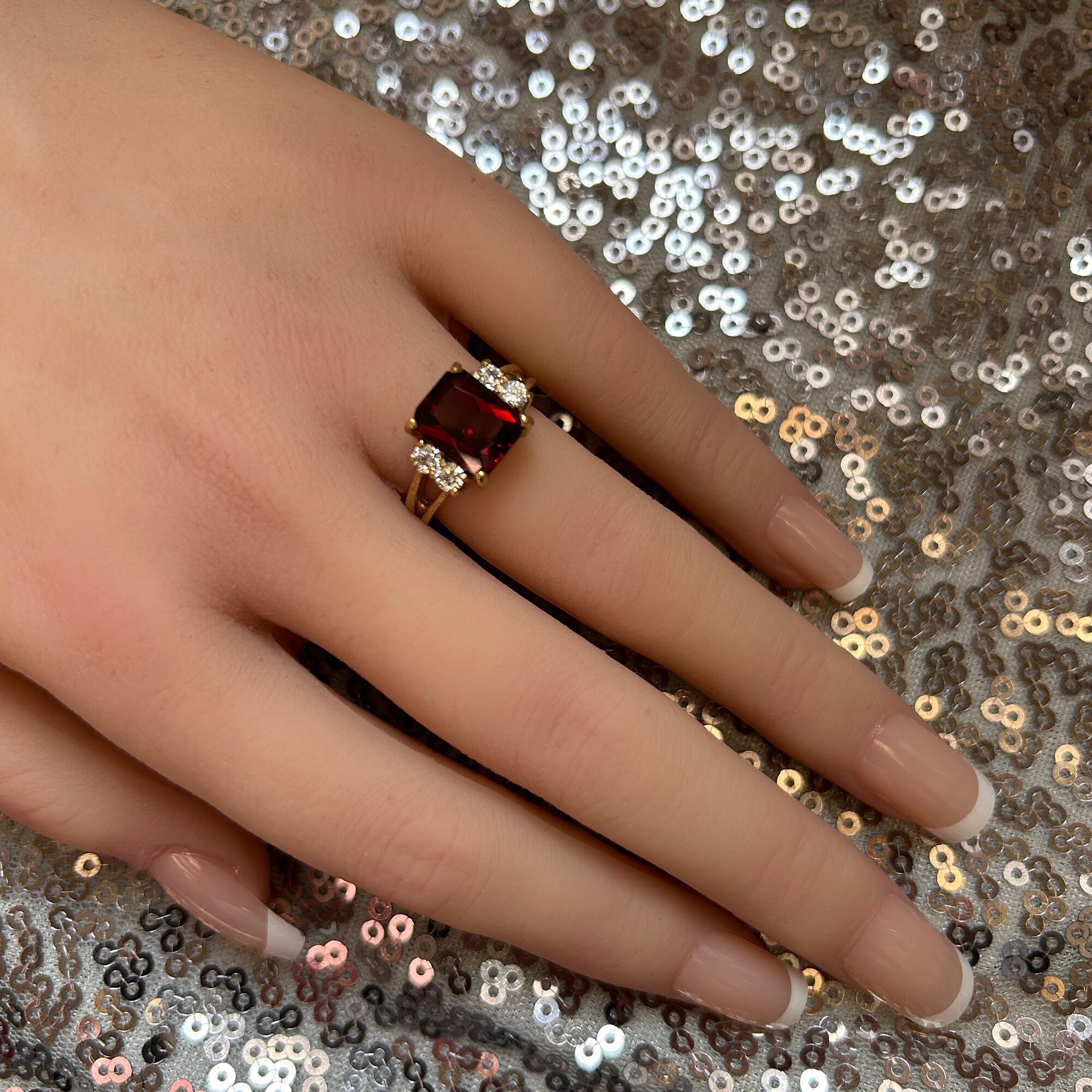 Octagon Red Garnet Double Band Ring with Clear Quartz Accents - H.L.Jewelry